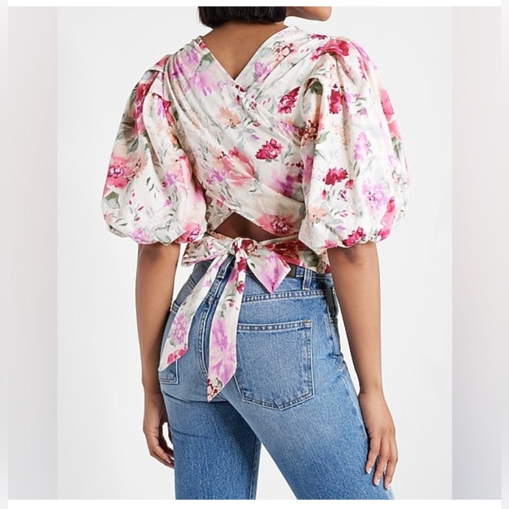 Express Puff Sleeve Floral Tie Back Top Size Small - Picture 5 of 15